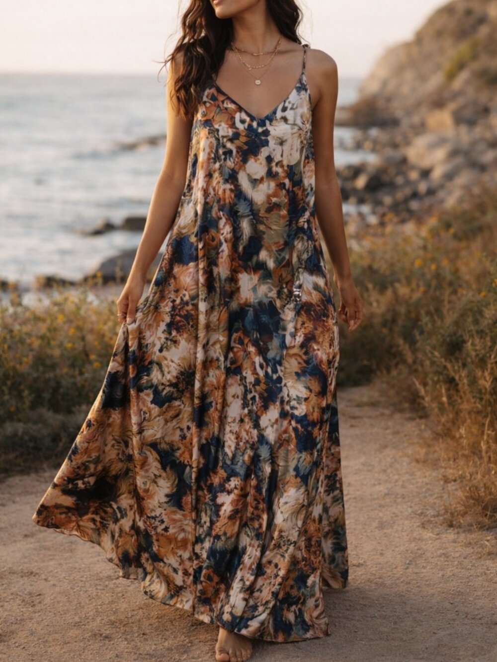 Nicole Miller Boho Floral Slip Maxi Dress in Navy and Rust